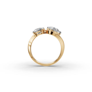 Pear and Round Lab Grown Diamond Basket Set Toi et Moi Ring in yellow gold, front view