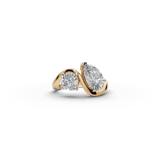 Pear and Round Lab Grown Diamond Basket Set Toi et Moi Ring in yellow gold, view 2