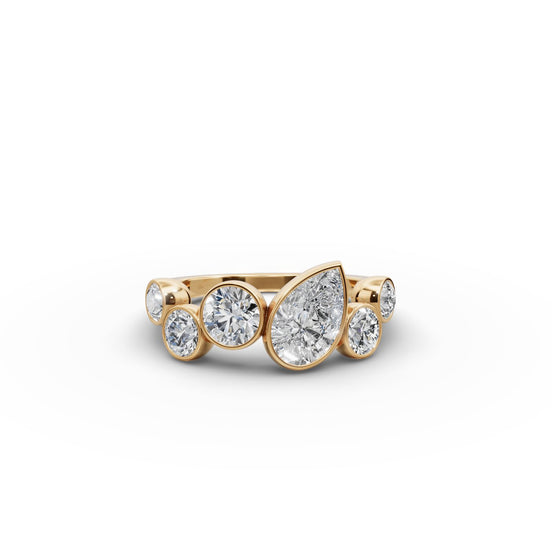 Pear Lab Grown Diamond Five Stone Ring with Round Accents in yellow gold, front view