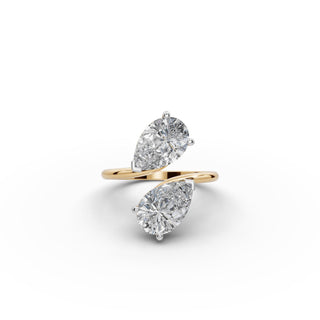 Pear Lab Grown Diamond Three Prong Toi et Moi Ring in yellow gold, view 2