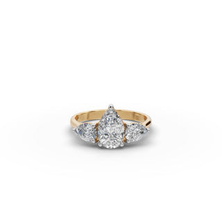 Pear Lab Grown Diamond Three Stone Ring in yellow gold, front view