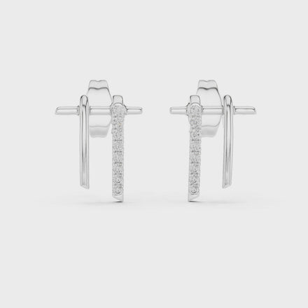 Curved diamond bar stud earrings in gold with round diamonds