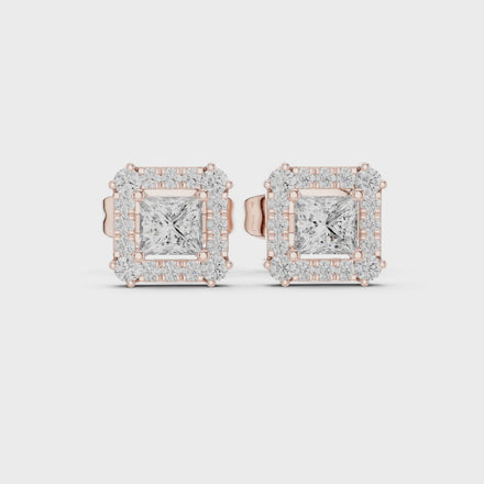 Princess cut halo lab grown diamond stud earrings in gold by Signora Jewels