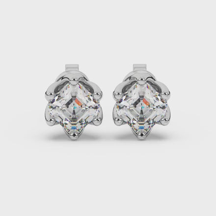 Asscher cut crown stud earrings in gold featuring 5.00 MM gemstones secured in a decorative six-prong crown setting