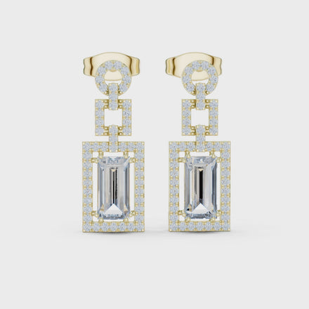 Baguette cut halo lab grown diamond drop earrings in gold by Signora Jewels