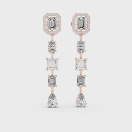 Luxury multi shape diamond drop earrings in gold with princess, emerald, oval, pear and round CVD diamonds