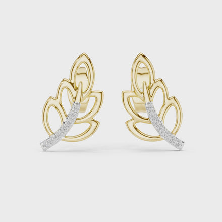 Diamond leaf stud earrings in gold with round brilliant CVD diamonds