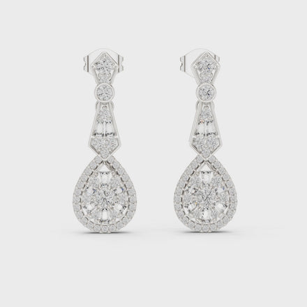 Vintage teardrop lab grown diamond drop earrings in gold with round and baguette diamonds by Signora Jewels
