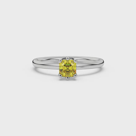 Asscher cut gemstone solitaire ring in gold with secure six-prong setting