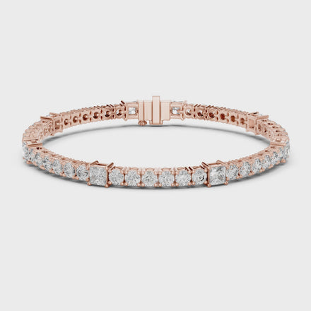 Princess and round lab grown diamond tennis bracelet in yellow white and rose gold with modern mixed shape design