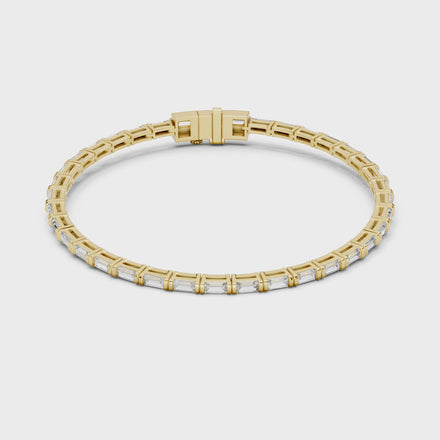 Lab grown baguette diamond tennis bracelet in yellow gold white gold and rose gold featuring sleek geometric diamond settings