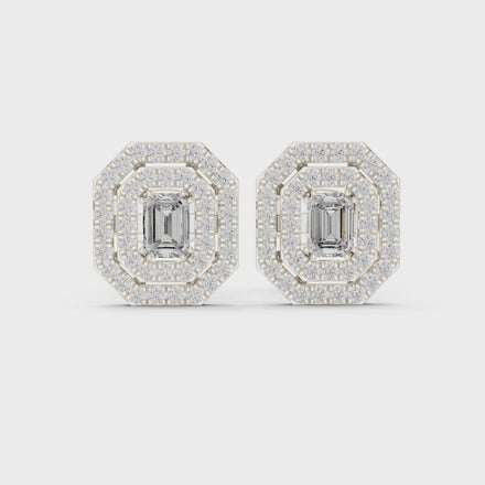 Emerald cut halo lab grown diamond stud earrings in gold by Signora Jewels