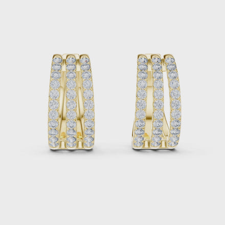 Triple row lab grown diamond hoop earrings in gold with round diamonds by Signora Jewels
