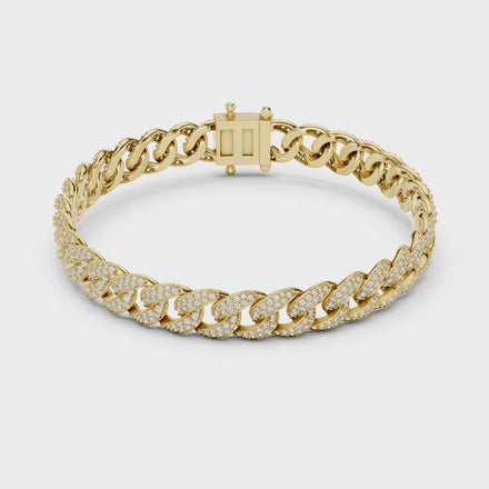 Iced Cuban link lab grown diamond bracelet in yellow gold white gold and rose gold with pave set round diamonds