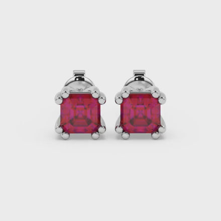 Red Asscher cut stud earrings in gold featuring a crown-inspired eight-prong setting and push back closure