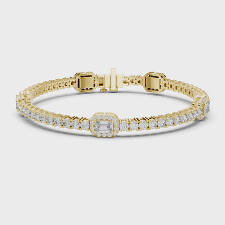 Emerald cut halo lab grown diamond tennis bracelet with round diamond detailing in yellow white and rose gold