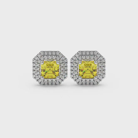 Octagon halo gemstone stud earrings in gold featuring Asscher cut center gemstones surrounded by triple diamond halos