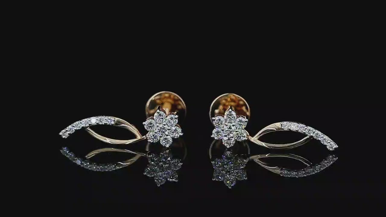 360-degree view of yellow gold floral leaf earrings with round lab grown diamonds