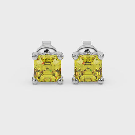 Hidden halo Asscher cut solitaire stud earrings featuring 5.00 MM gemstones in a four-prong gold setting