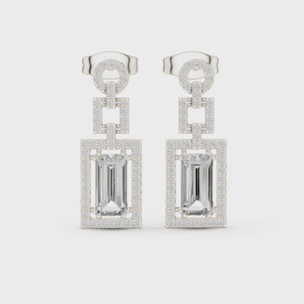 Baguette cut halo lab grown diamond drop earrings in gold by Signora Jewels