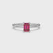 Emerald cut red gemstone solitaire ring with modern double shank design