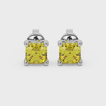 Asscher cut gemstone stud earrings in gold with four-prong basket setting and screw-back closure