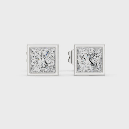 Princess cut solitaire diamond stud earrings in gold with bezel setting and lab grown diamonds by Signora Jewels