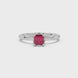 Red Asscher cut solitaire ring in gold featuring a floral-inspired four-prong basket setting with a 5.00 MM center gemstone