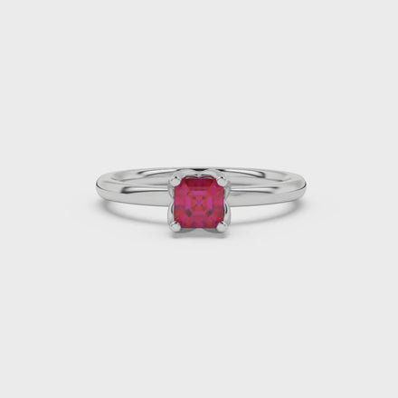 Red Asscher cut solitaire ring in gold featuring a floral-inspired four-prong basket setting with a 5.00 MM center gemstone