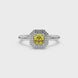 Asscher cut halo gemstone ring in gold featuring a 5.00 MM center gemstone surrounded by a double halo of round diamonds