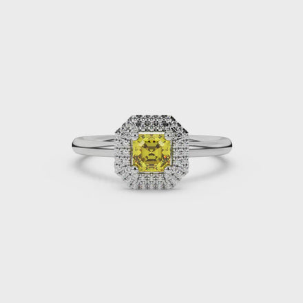 Asscher cut halo gemstone ring in gold featuring a 5.00 MM center gemstone surrounded by a double halo of round diamonds