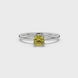 Yellow cushion cut solitaire gemstone ring in six-prong gold setting with slim stackable band