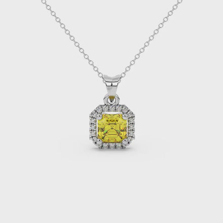 Asscher cut halo gemstone pendant in gold featuring a 5.00 MM center gemstone surrounded by a sparkling diamond halo
