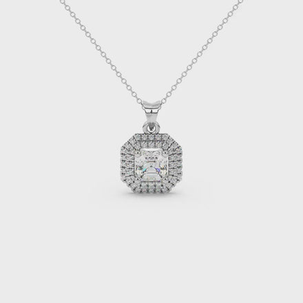 Octagon halo gemstone pendant in gold featuring an Asscher cut center gemstone surrounded by sparkling round accent diamonds