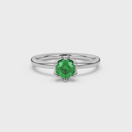 Green cushion cut floral solitaire ring in rose gold with six prong flower setting
