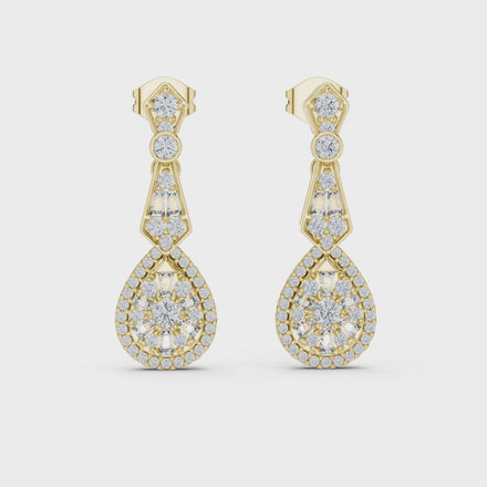 Vintage teardrop lab grown diamond drop earrings in gold with round and baguette diamonds by Signora Jewels