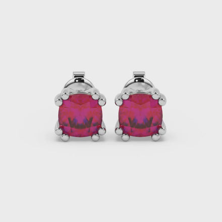Red cushion cut floral crown stud earrings in rose gold multi-prong setting