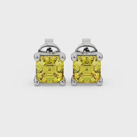 Asscher cut gemstone stud earrings in gold with four-prong basket setting and screw-back closure