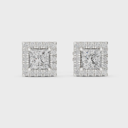 Princess cut halo diamond stud earrings in gold with lab grown diamonds by Signora Jewels