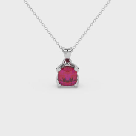 Red cushion cut solitaire pendant with tulip basket setting in rose gold