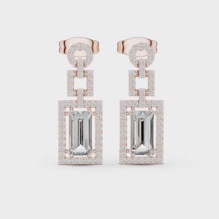 Baguette cut halo lab grown diamond drop earrings in gold by Signora Jewels