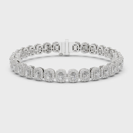 Radiant cut halo lab grown diamond tennis bracelet in yellow gold white gold and rose gold with luxury diamond links