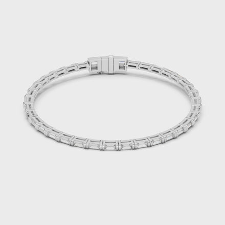 Lab grown baguette diamond tennis bracelet in yellow gold white gold and rose gold featuring sleek geometric diamond settings