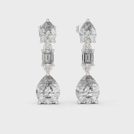 Pear and emerald cut lab grown diamond drop earrings in gold by Signora Jewels