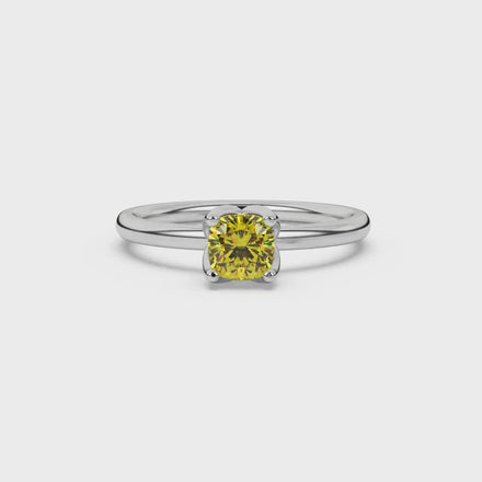 Yellow cushion cut solitaire ring with tulip basket setting in rose gold