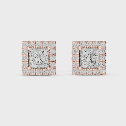Princess cut halo diamond stud earrings in gold with lab grown diamonds by Signora Jewels