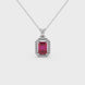 Emerald cut red gemstone halo pendant with round diamond accents