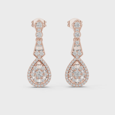 Vintage teardrop lab grown diamond drop earrings in gold with round and baguette diamonds by Signora Jewels