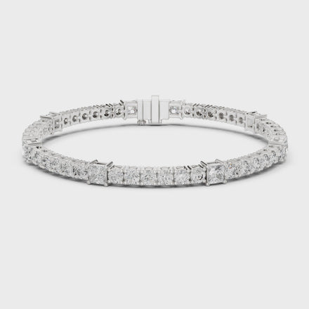 Princess and round lab grown diamond tennis bracelet in yellow white and rose gold with modern mixed shape design