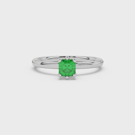 Asscher cut gemstone solitaire ring in gold with secure six-prong setting